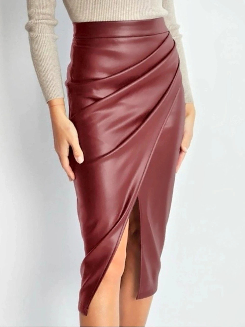 Commense Faux Leather Ruched Slit Midi Skirt Burgundy Small